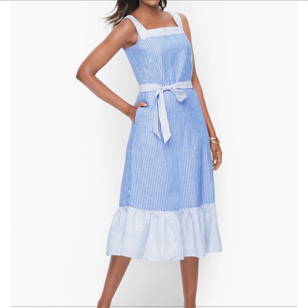 Talbots STRIPE TIE WAIST LINEN MIDI DRESS - Picture 2 of 8